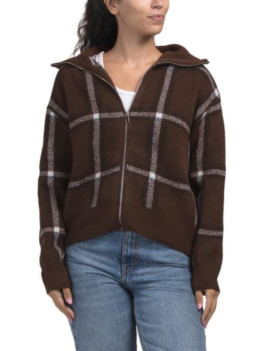 BADGLEY MISCHKA Long Sleeve Front Zipped Plaid Sweater Jacket